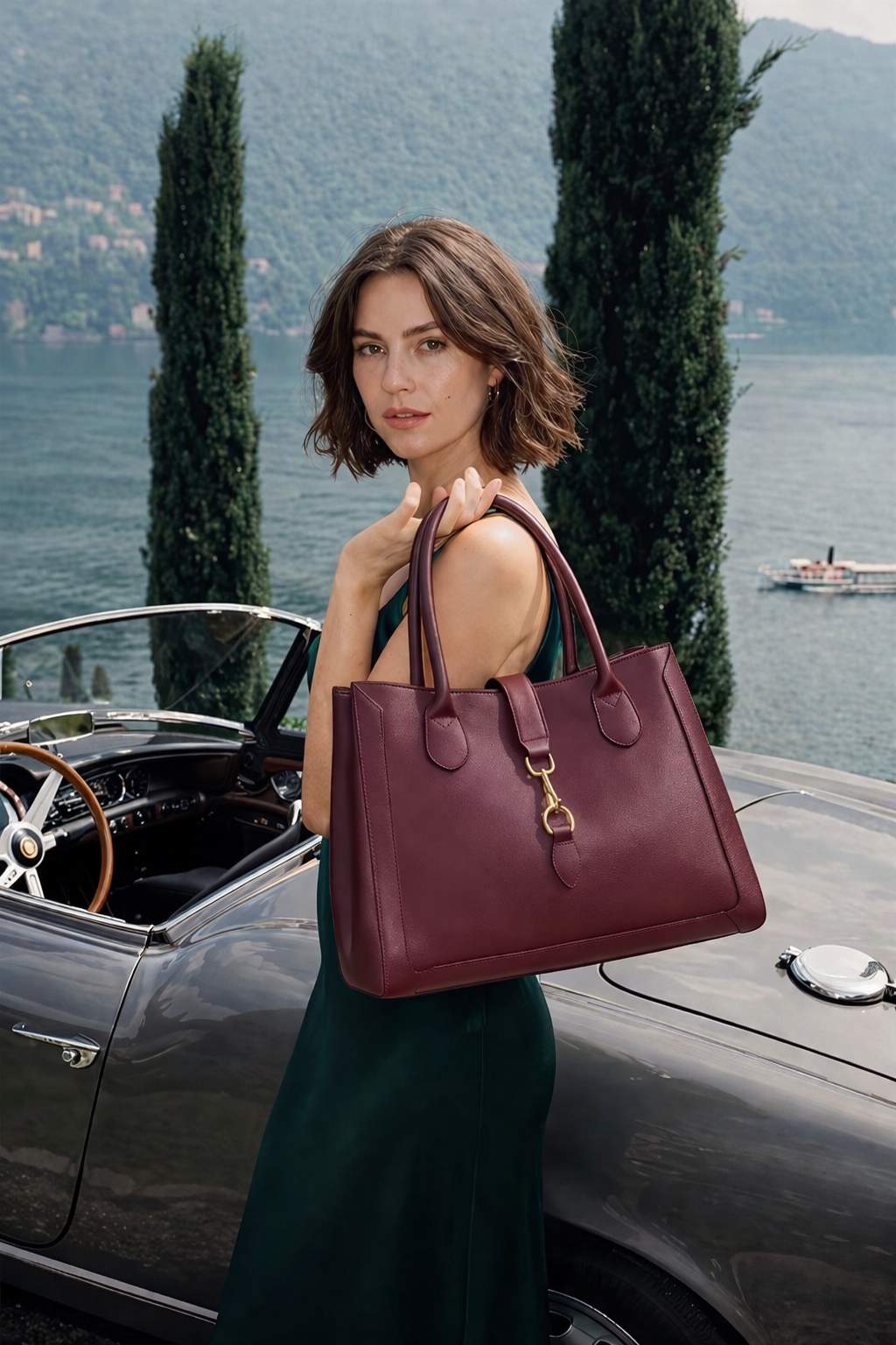 MALA EM PELE ITALIANA MANTOVA BURGUNDY | TUSCAN Mala vinho de senhora em pele com fecho dourado, modelo com vestido verde e carro clássico prateado ao fundo