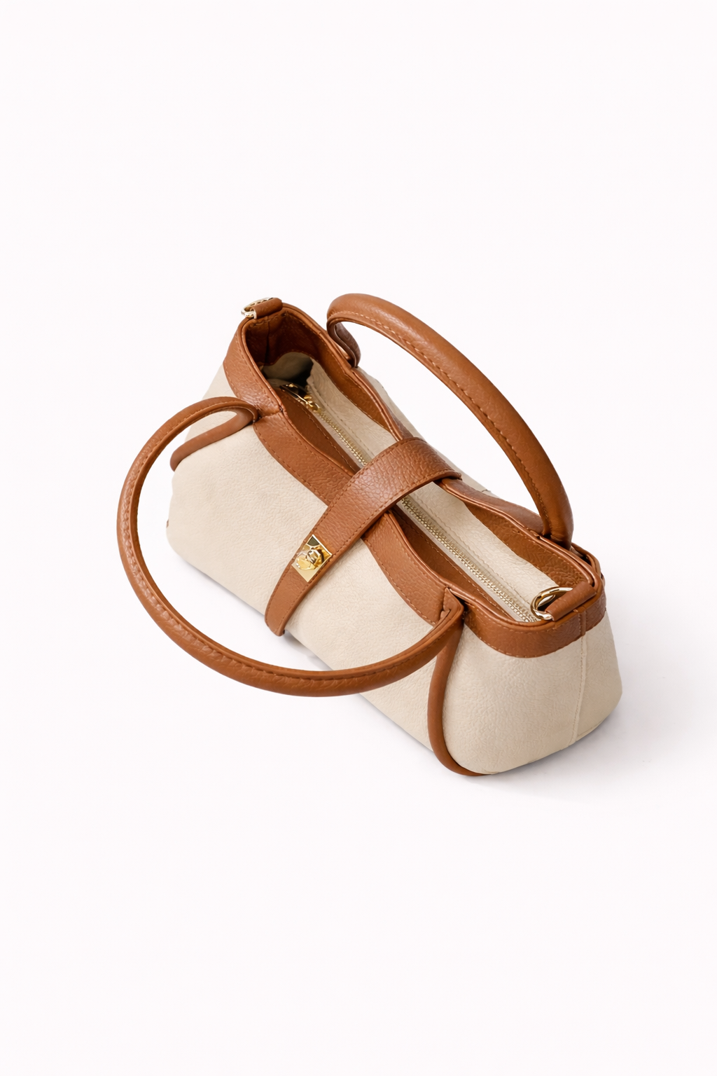 MALA EM PELE ITALIANA ROMA CREAM & CONHAQUE | TUSCAN Mala castanha e bege com fecho dourado