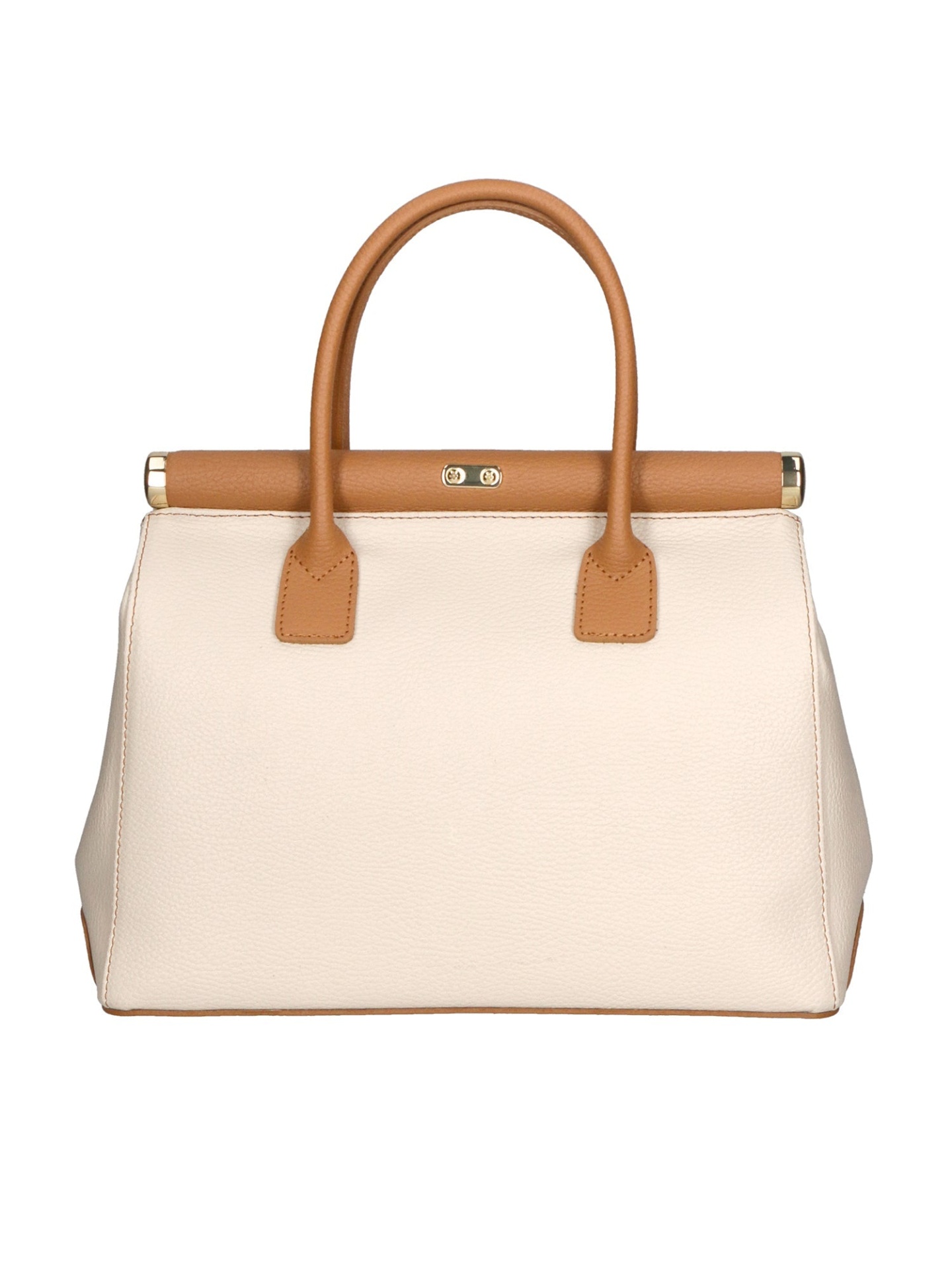 MALA DE PELE ITALIANA FIESOLE CREAM & CONHAQUE | TUSCAN Mala de mão feminina de pele cinza clara com detalhes castanhos e fecho dourado