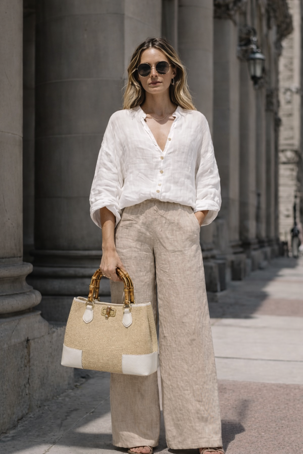 MALA EM PELE ITALIANA AMALFI RÁFIA CREAM | TUSCAN Mulher com camisa branca, calças largas bege, óculos escuros e mala bege com alças de bambu