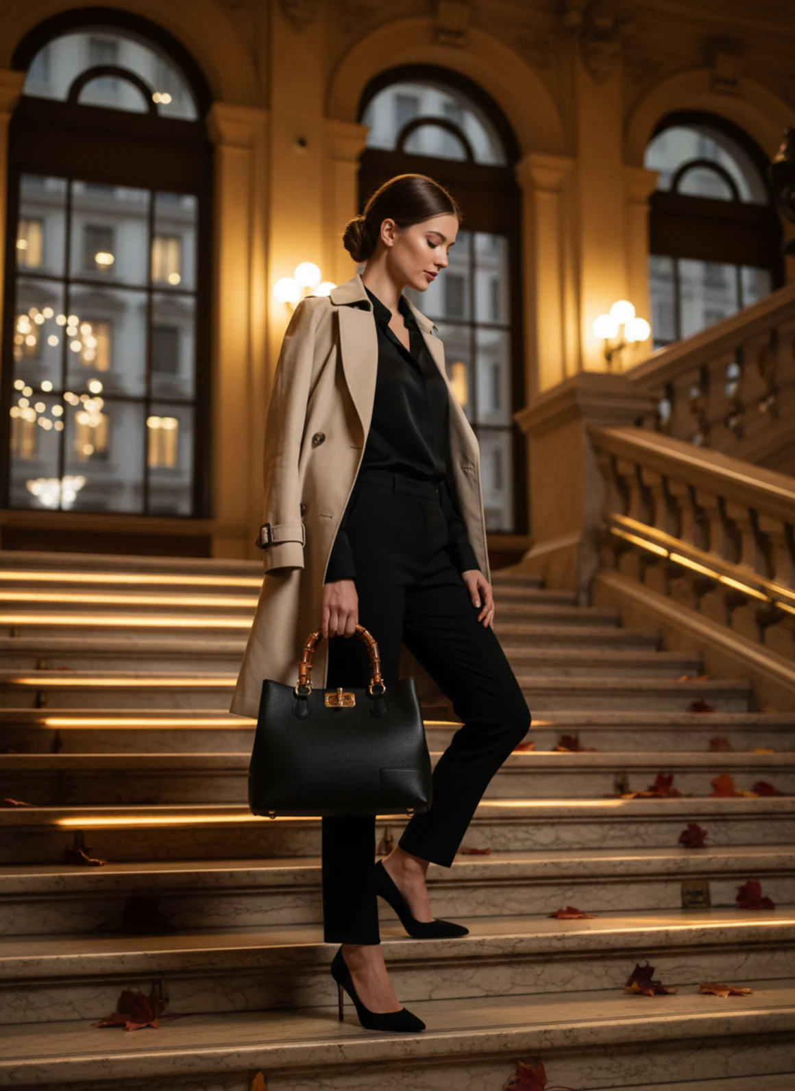 MALA EM PELE ITALIANA AMALFI PRETO | TUSCAN Mulher elegante com mala preta em escadas internas iluminadas