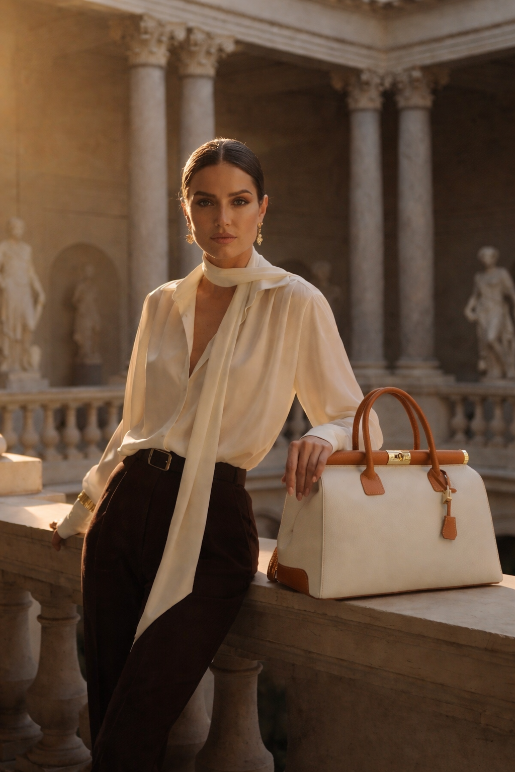 MALA DE PELE ITALIANA FIESOLE CREAM & CONHAQUE | TUSCAN Mulher elegante com blusa branca e calças castanhas apoiada numa varanda com mala bege