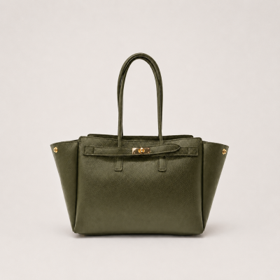Mala de mão verde escuro com textura e fecho dourado