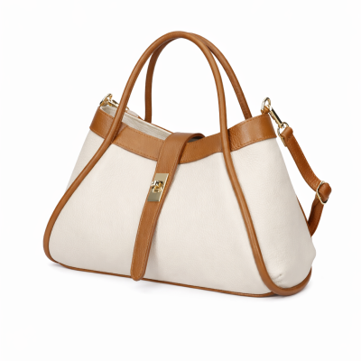 Mala de senhora em pele branca com detalhes castanhos