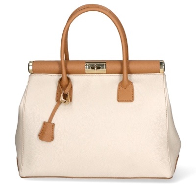 Mala de mão feminina em couro bege claro e castanho com fecho dourado