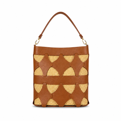 Bolsa castanha em pele e rattan com alça e ferragens douradas