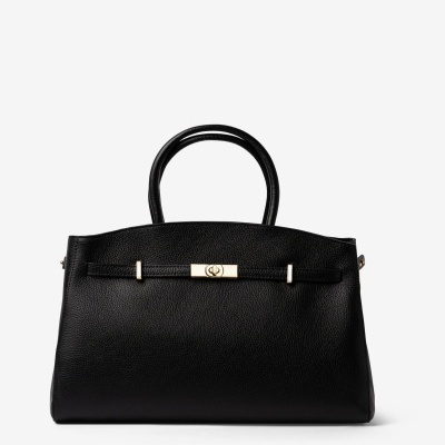 Mala de senhora preta em pele com fecho dourado