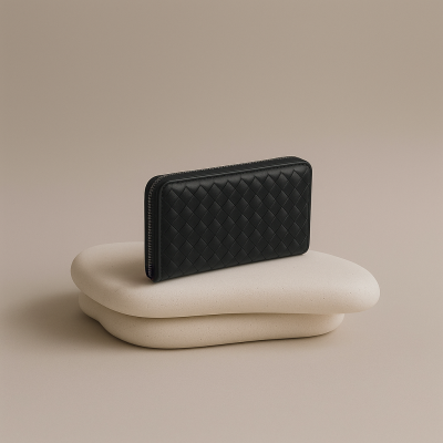 Carteira preta de pele entrelaçada sobre base bege clara