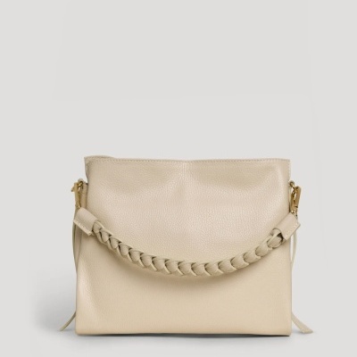 Mala de mão bege com alça trançada e detalhes dourados