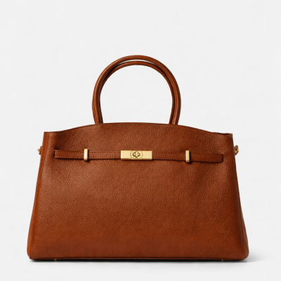 Mala de mão castanha com fecho dourado e alças redondas