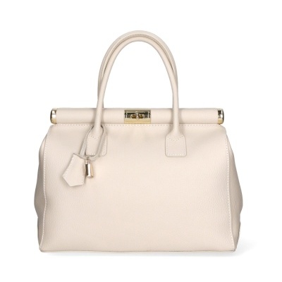 Carteira de mão creme em couro granulado com fecho dourado e alças