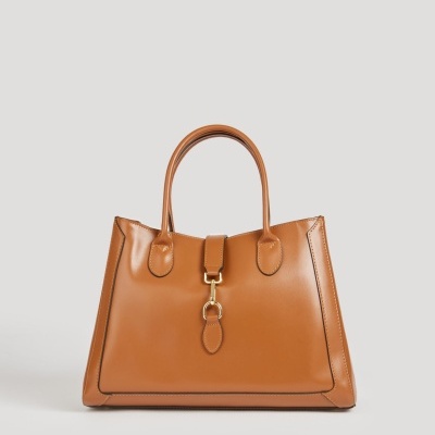 Bolsa de senhora castanha em pele sintética com fecho dourado central.