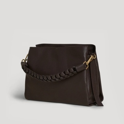 Mala de mão castanha escura com asa trançada e fechos dourados