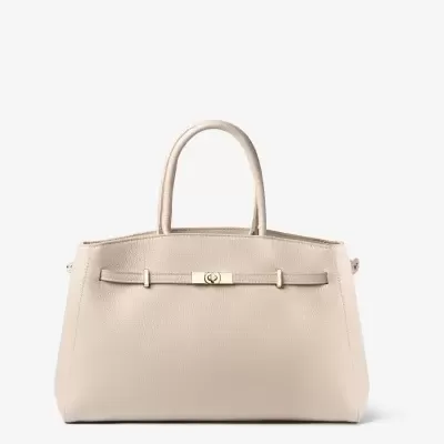 Mala de mão feminina bege com fecho dourado