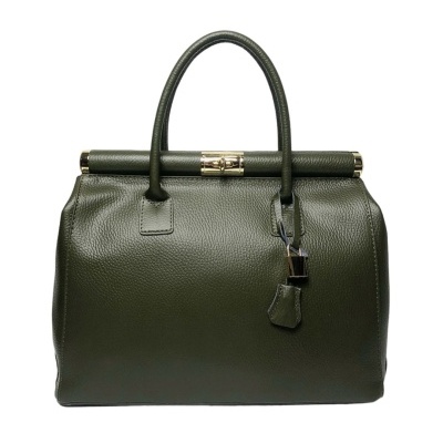 Mala de mão verde escuro em pele com fecho e cadeado metálico dourado