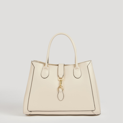 Mala de mão creme em couro com fecho dourado