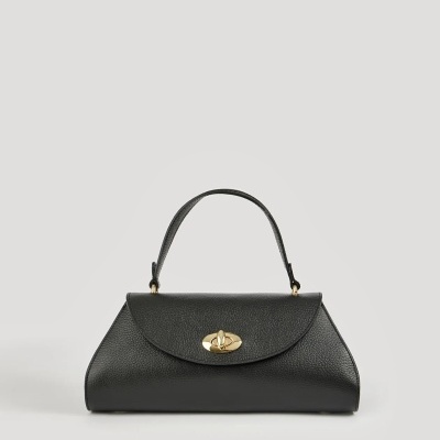 Mala preta de mão em pele com fecho dourado