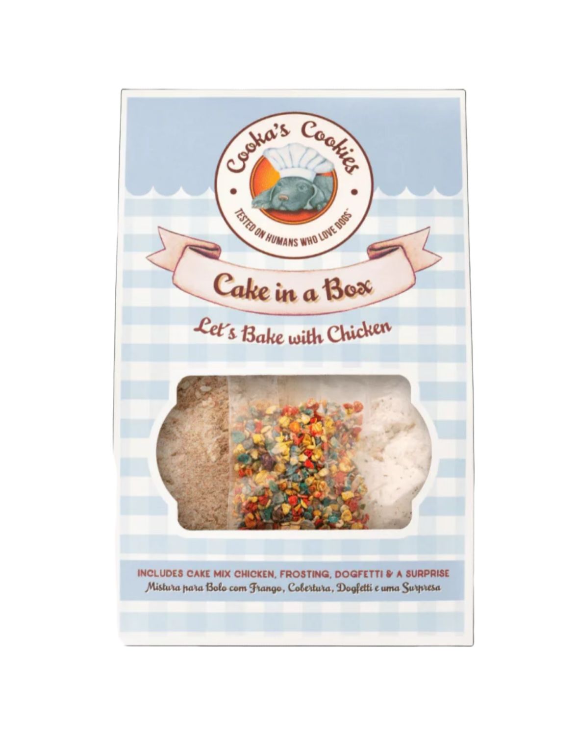 Embalagem azul xadrez com mistura para bolo e confetis coloridos