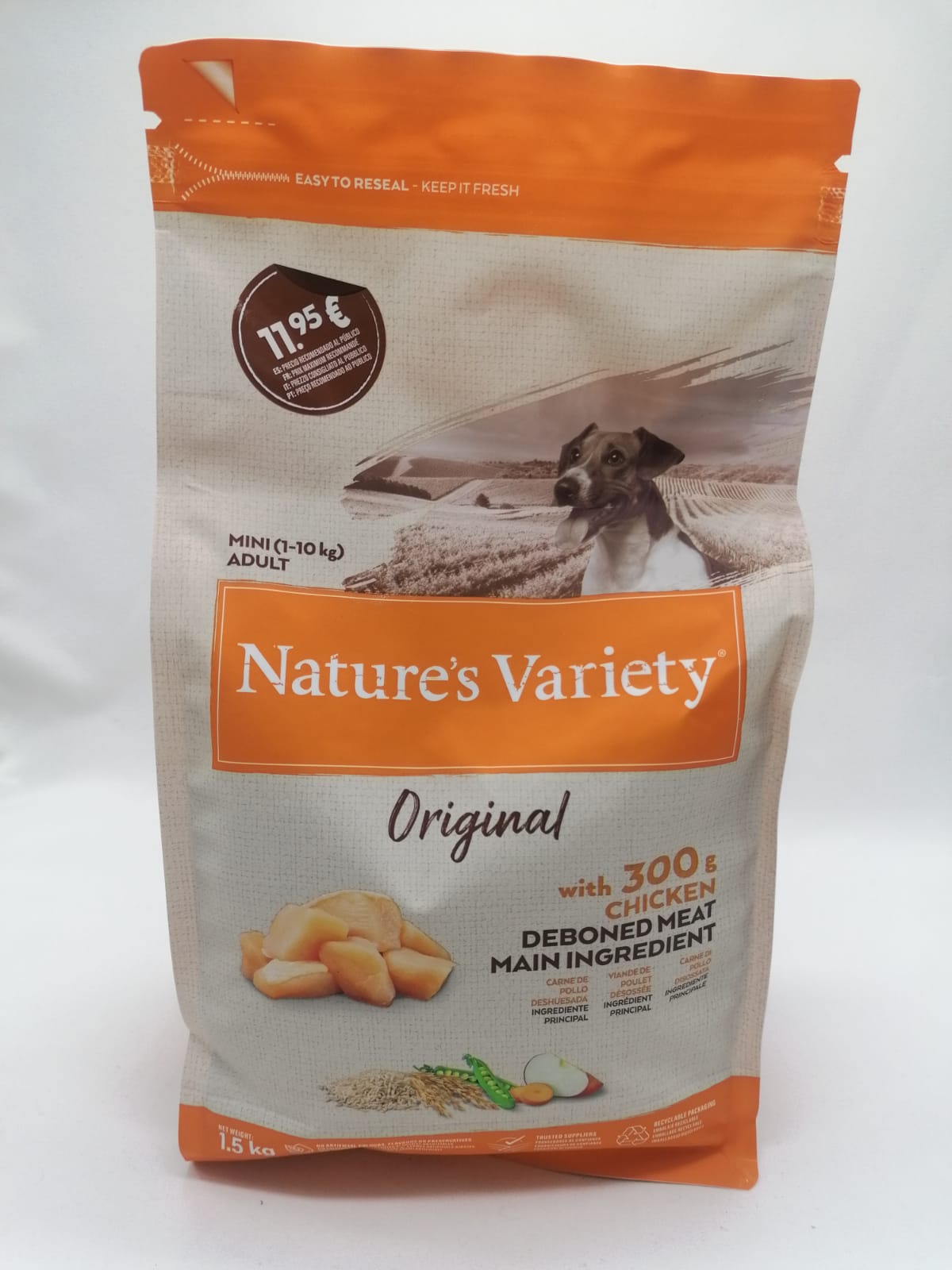 Saco de ração Nature's Variety Original para cães porte mini, embalagem laranja e bege