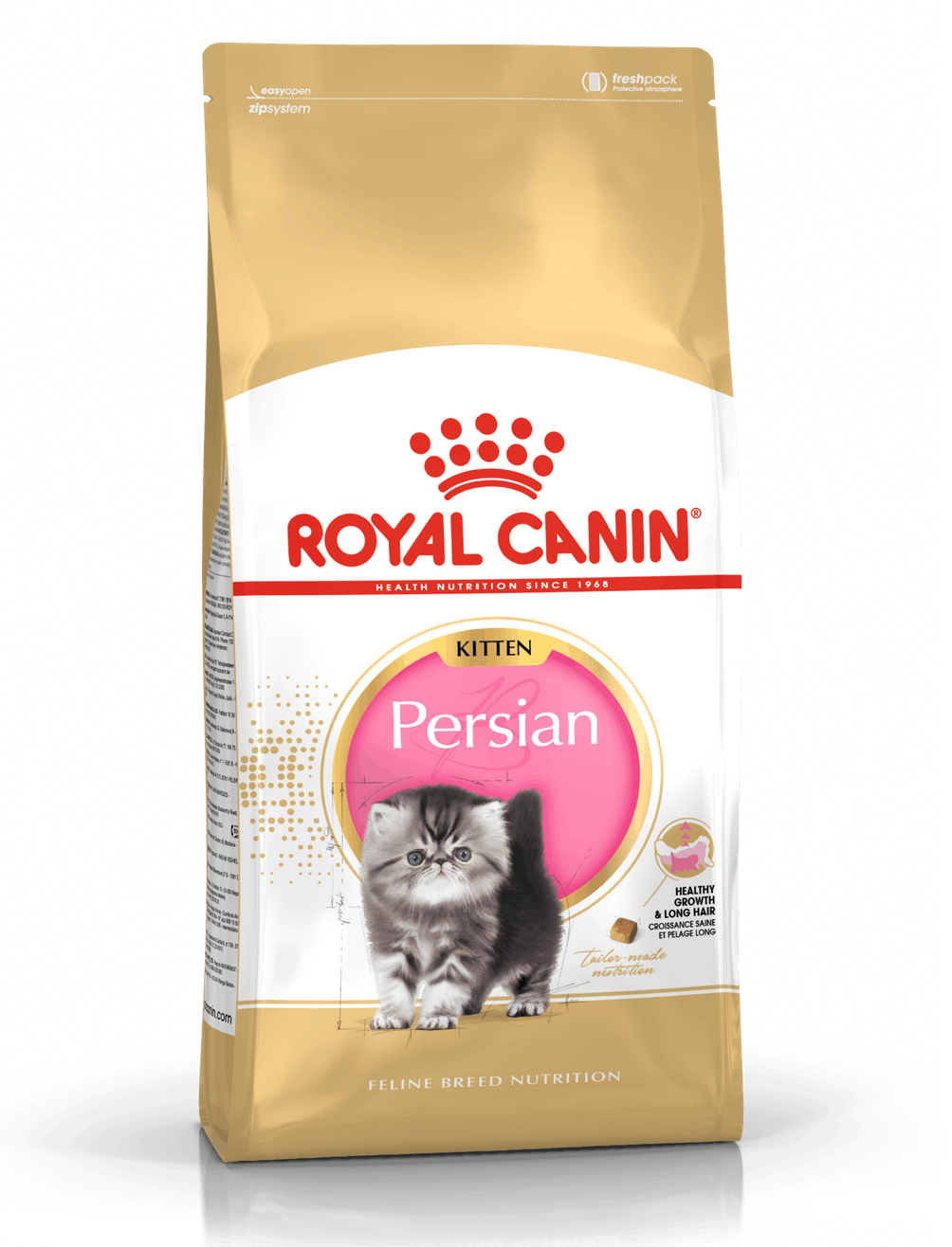 Embalagem de alimento para gatos Royal Canin Kitten Persian com imagem de gato cinzento