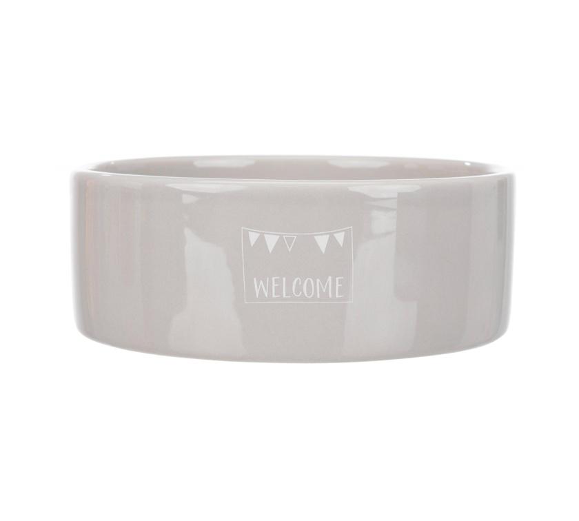Tigela de cerâmica cinza com texto 'WELCOME' e bandeirinhas