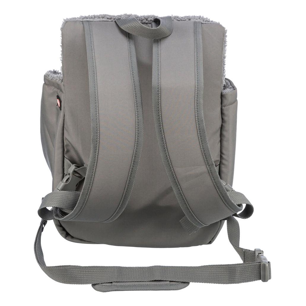 Mochila cinzenta vista de trás com alças acolchoadas e tecido felpudo nas laterais