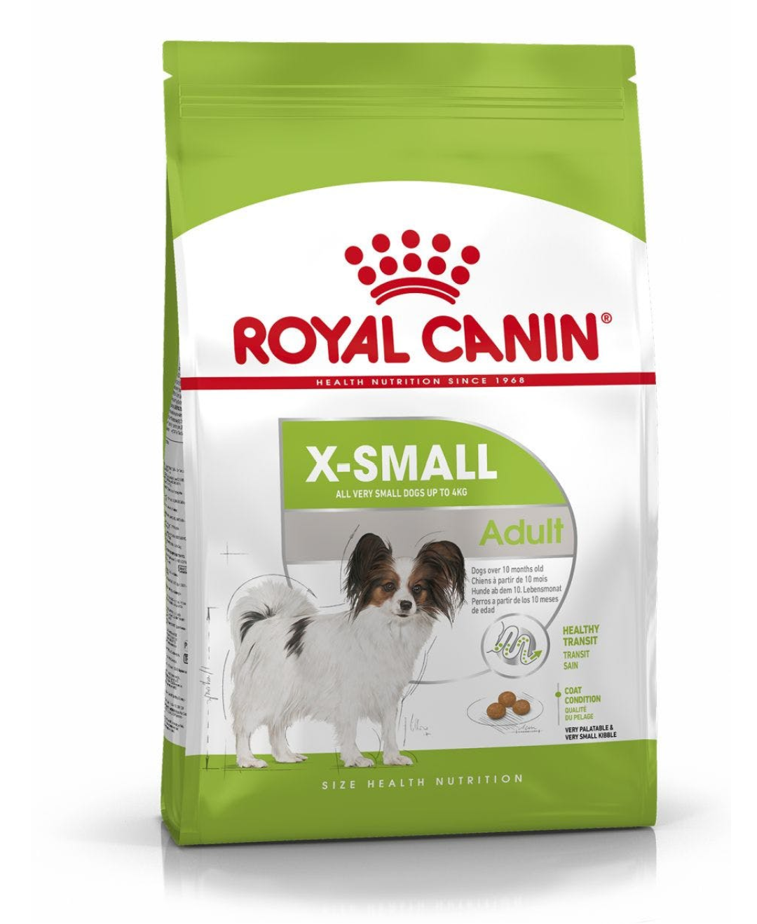 Saco de ração Royal Canin X-Small Adult branco e verde com imagem de cão pequeno
