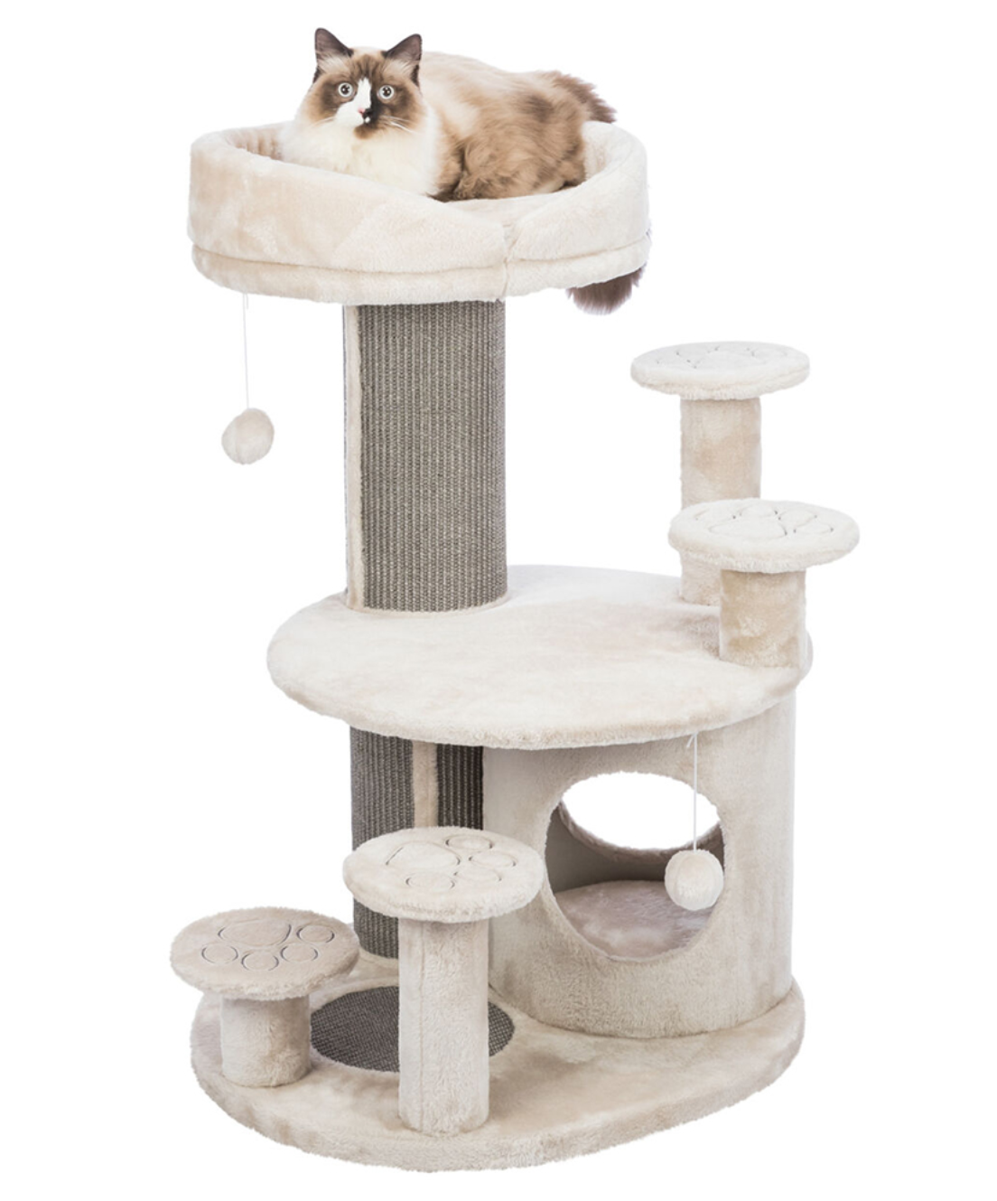 Arranhador para gatos em pelúcia bege claro e sisal cinzento com plataformas e brinquedos pendurados