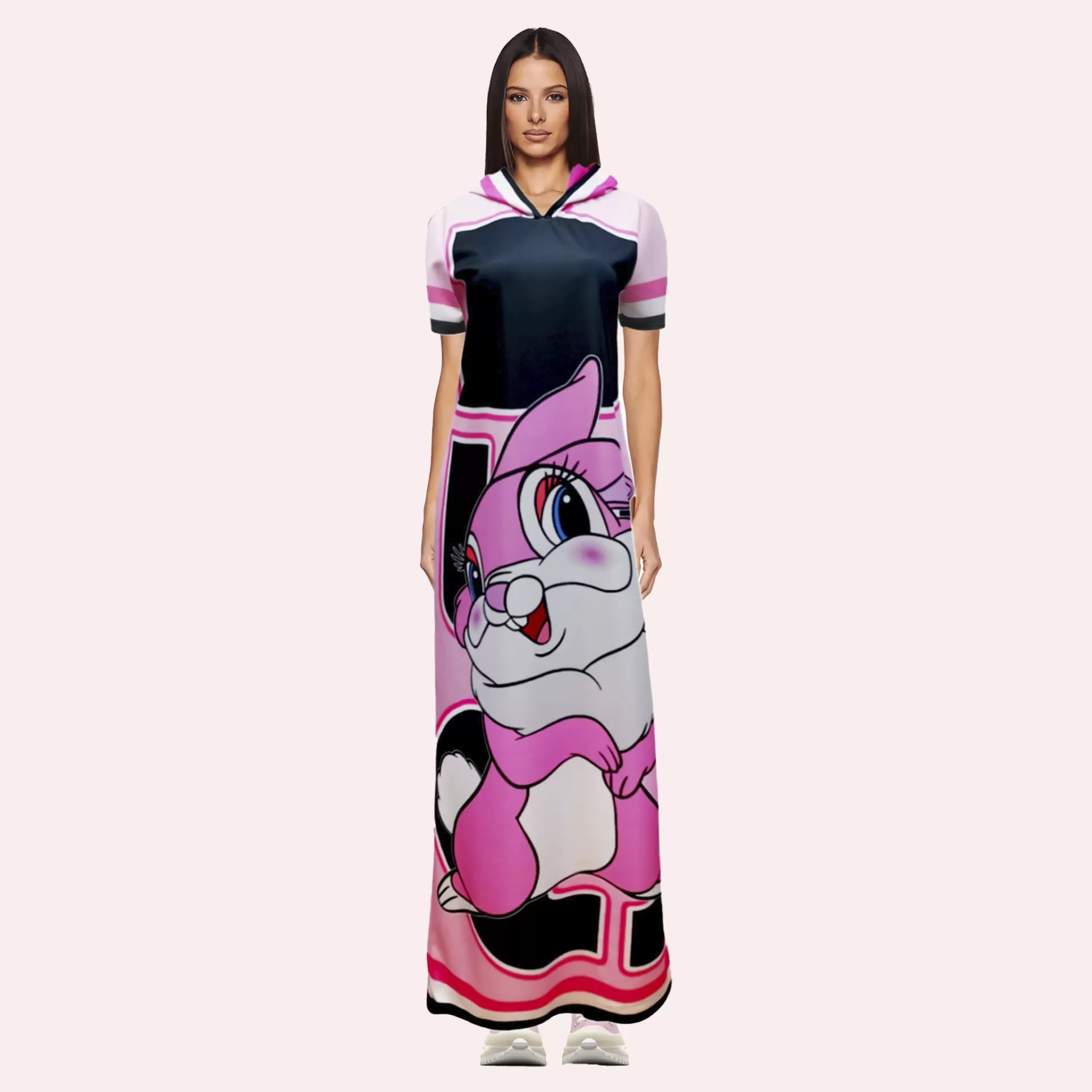 Vestido comprido com capuz com estampa de personagem de desenho animado rosa