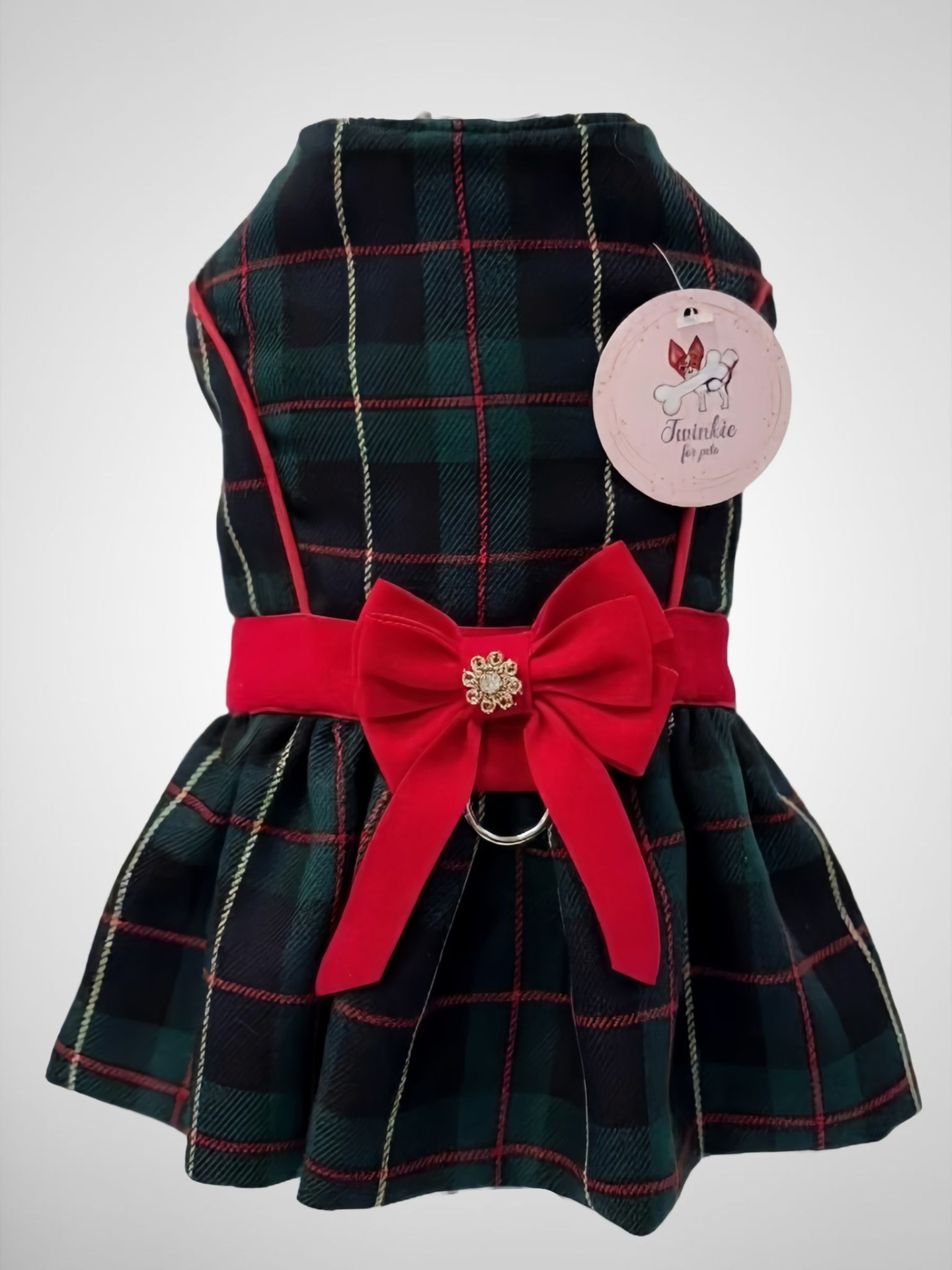 Vestido para cão com padrão xadrez e laço vermelho