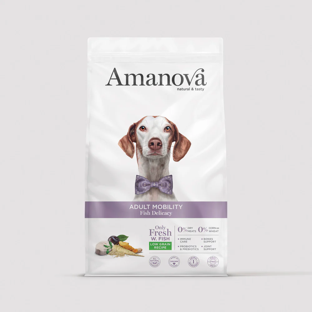 Saco branco de comida para cães Amanova Adult Mobility com imagem de cão e texto informativo