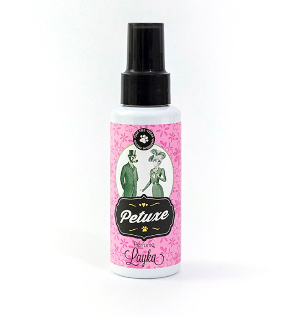Frasco de perfume Petuxe Layka cor de rosa com ilustração vintage