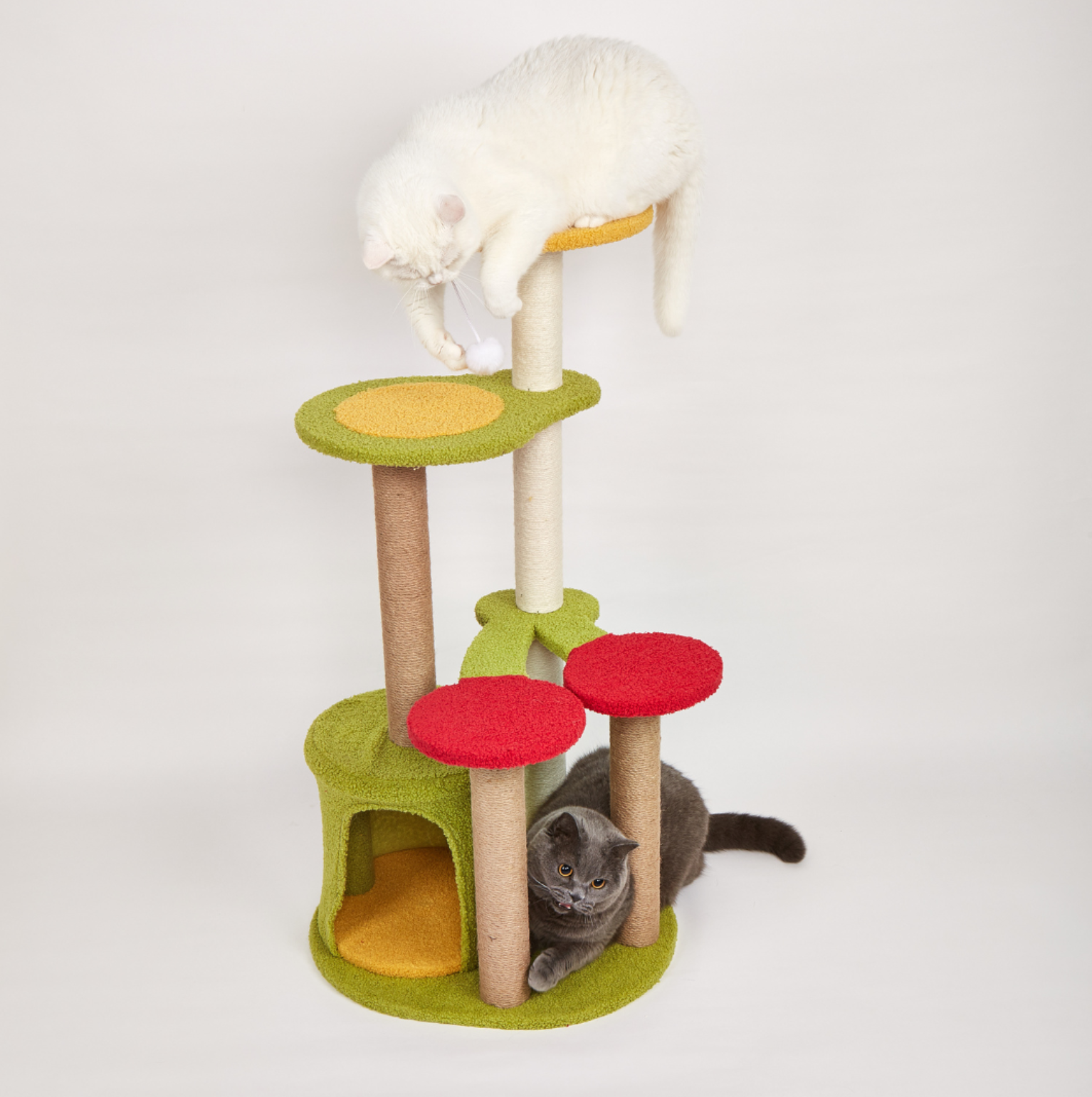 Arranhador colorido para gatos com duas plataformas e dois gatos brincando