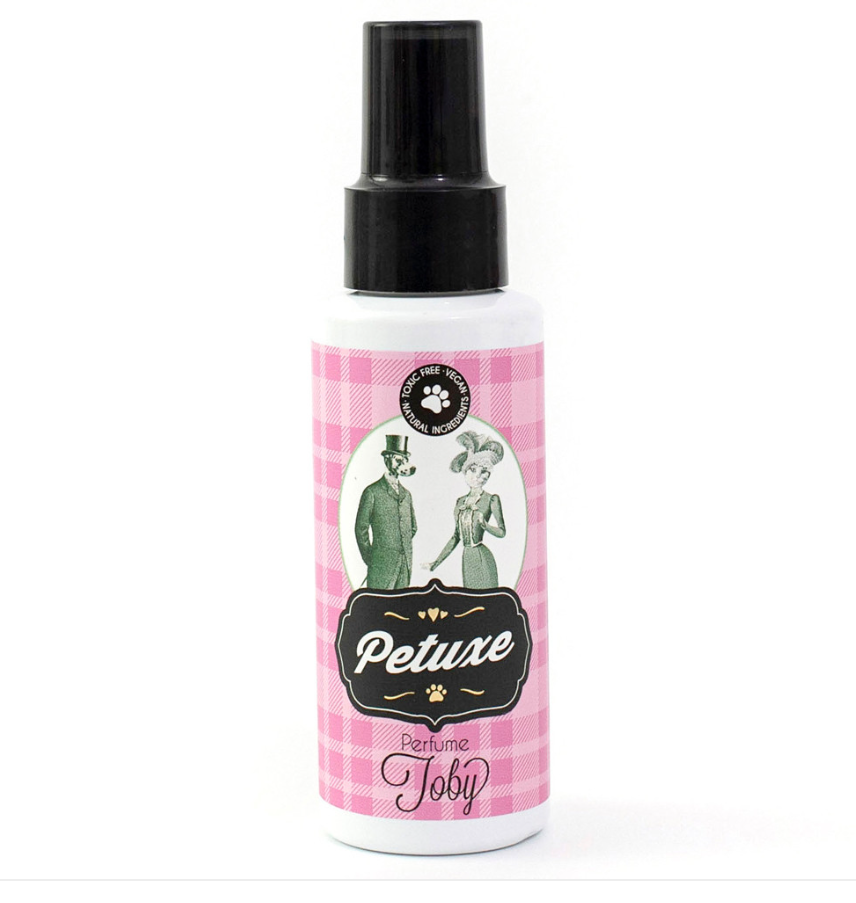 Frasco de spray Petuxe com rótulo rosa xadrez e ilustração vintage