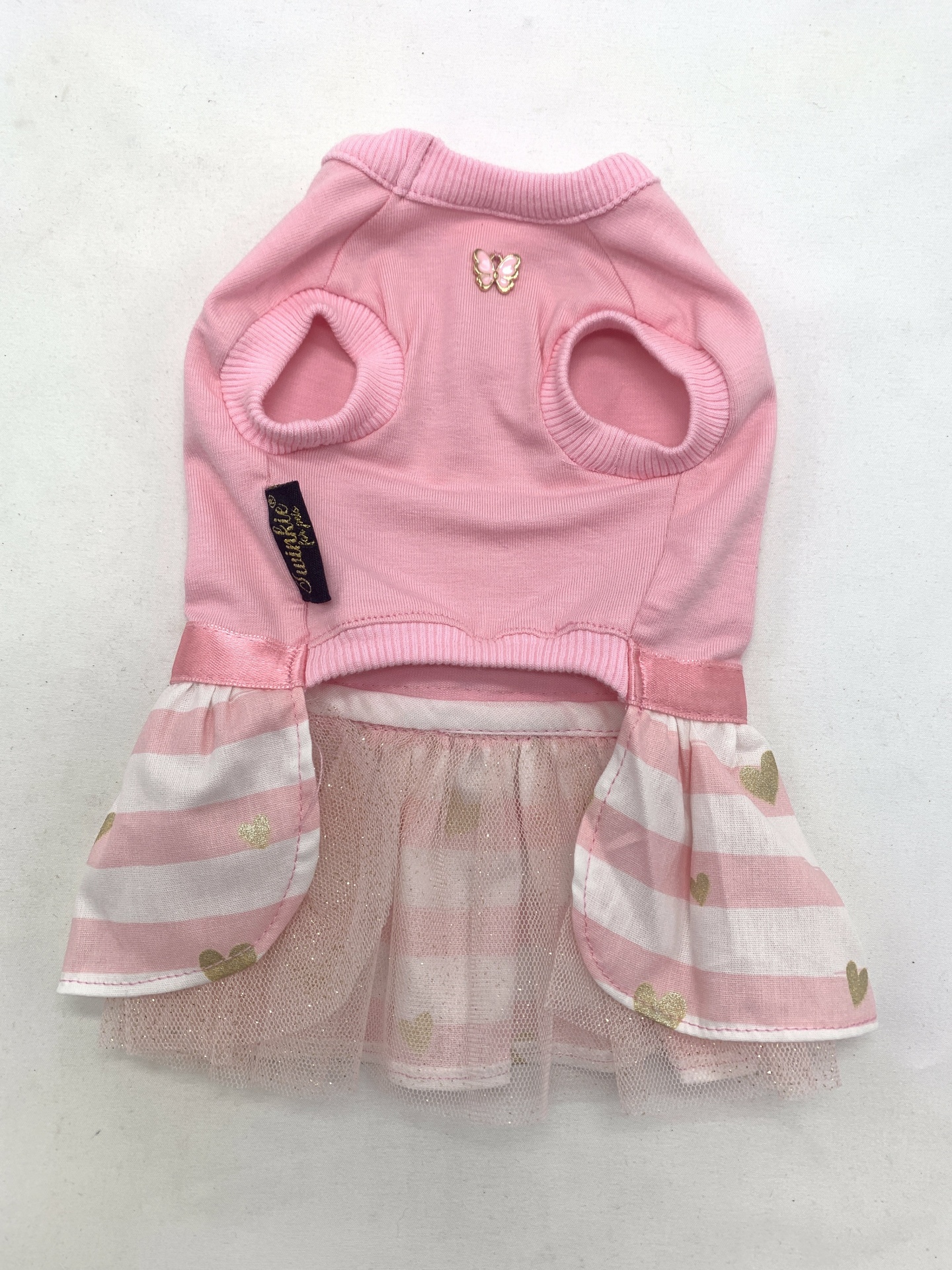 Vestido cor-de-rosa para animais de estimação com saia em tule e riscas com corações dourados