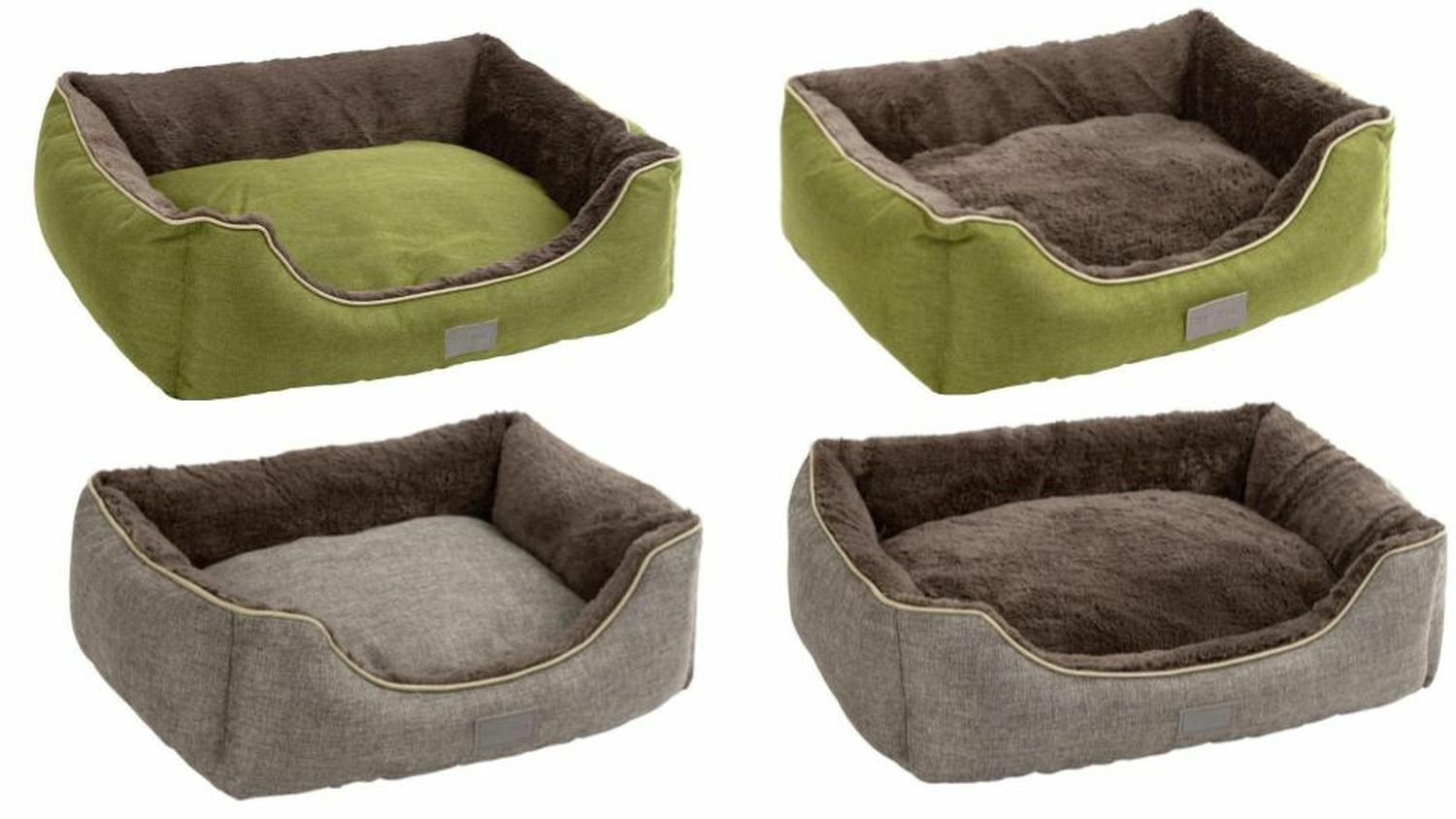 Camas para animais de estimação em tecido verde e cinzento com interior castanho