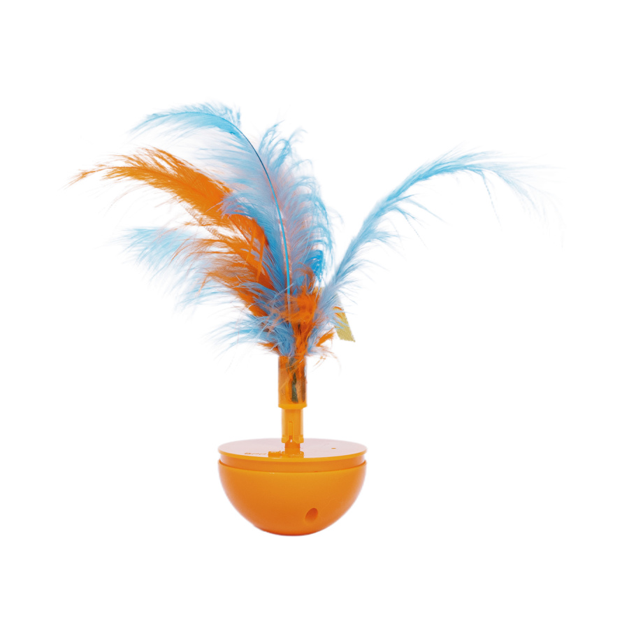 Brinquedo para gatos com base laranja e penas coloridas