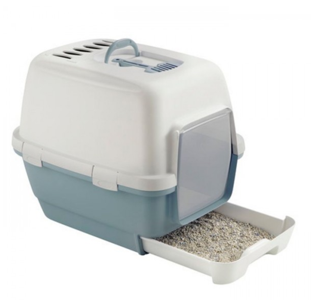 Casa de banho para gatos azul claro e branco com porta translúcida e tabuleiro extraível
