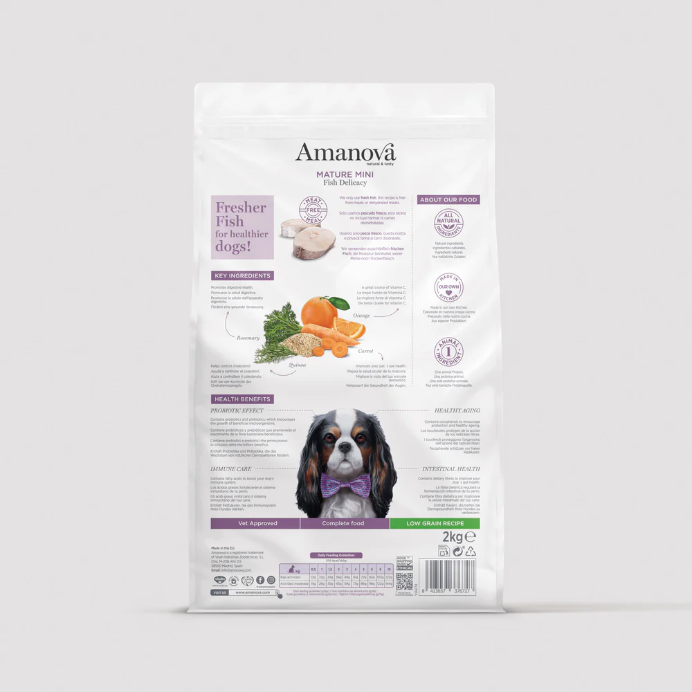 Embalagem de ração Amanova MATURE MINI Fish Delicacy para cães com imagem de cão e ingredientes