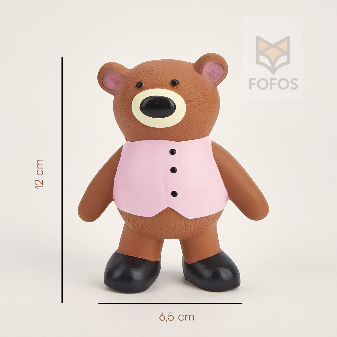 Urso decorativo castanho com colete rosa e sapatos pretos