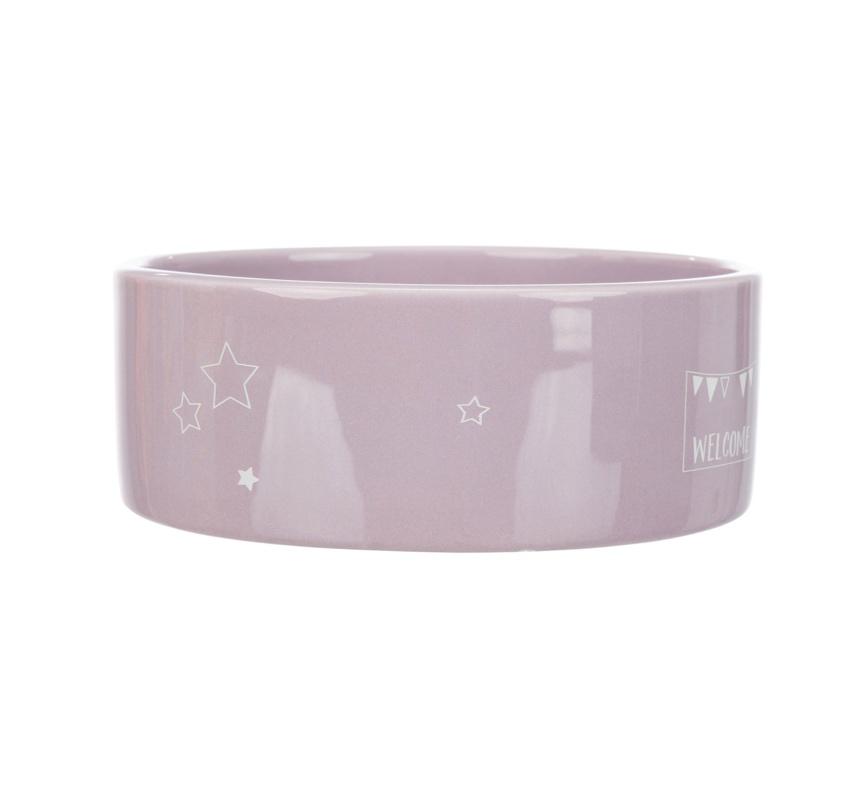 Taça de cerâmica rosa clara com estrelas brancas e inscrição 'WELCOME'.