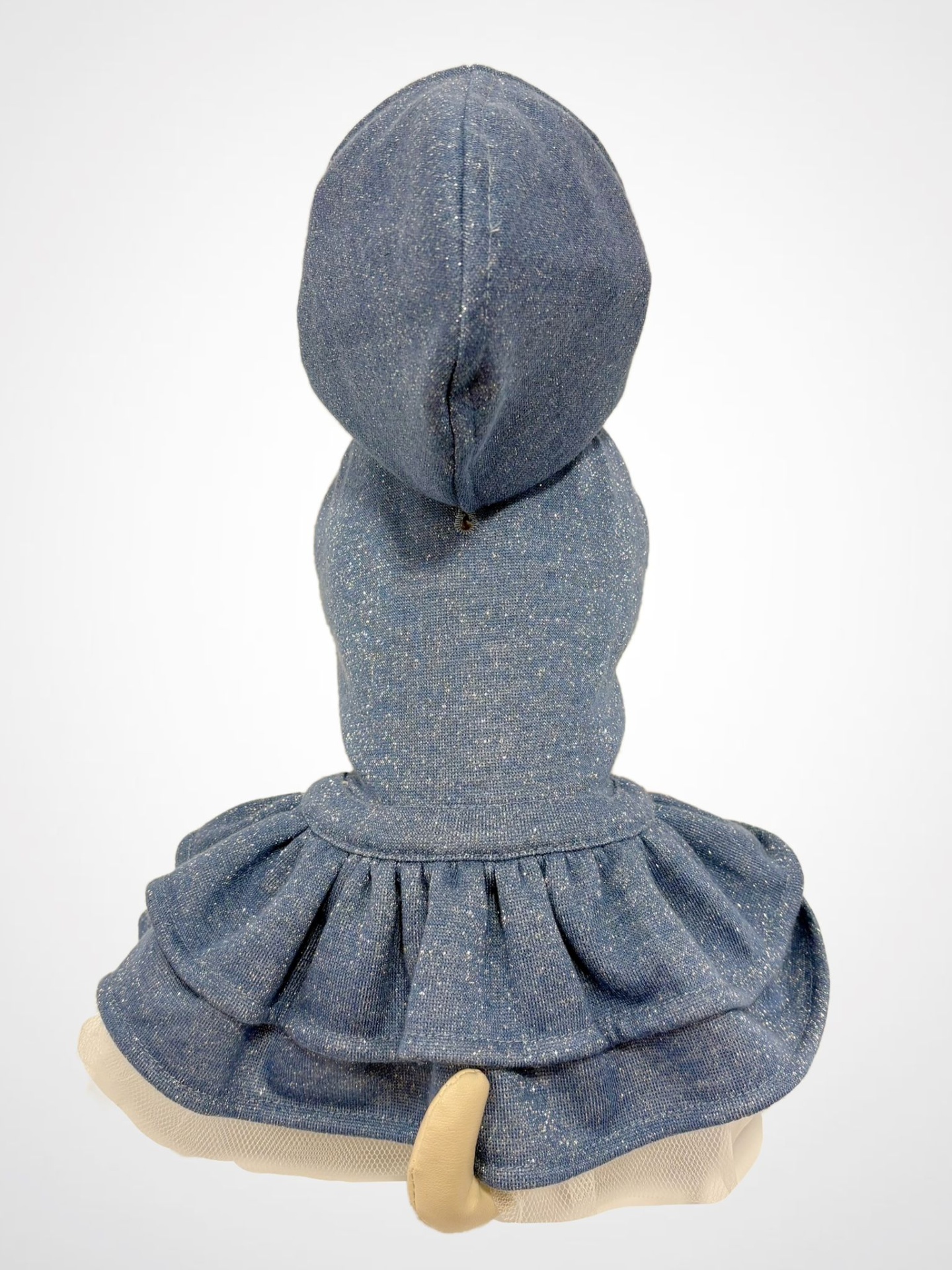 Vestido azul com capuz para cão, tecido tipo malha com brilho, com gola franzida