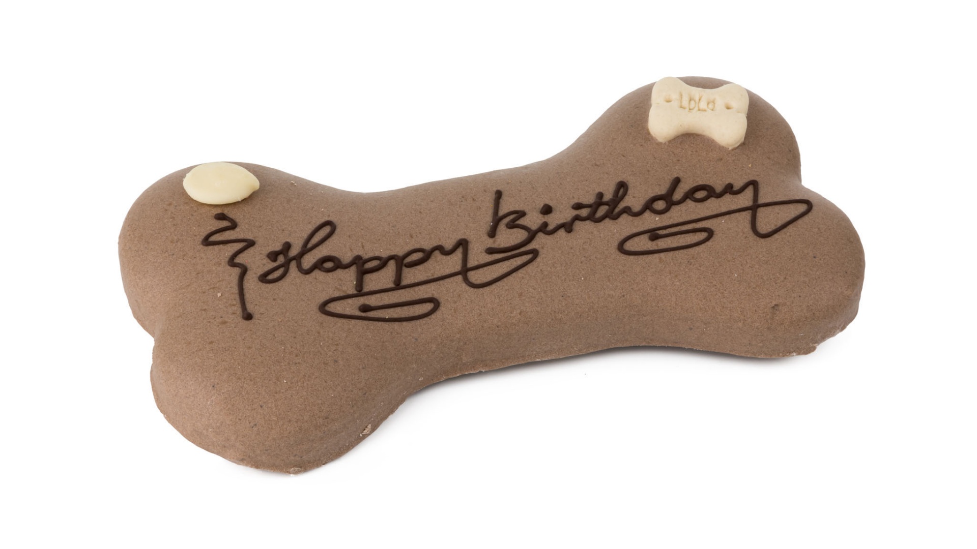 Biscoito em forma de osso para cão com texto Happy Birthday e pequeno osso branco com Lola.