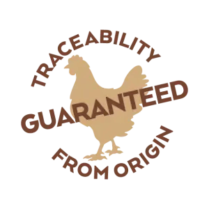 Logotipo com silhueta de galinha e texto de garantia de rastreabilidade
