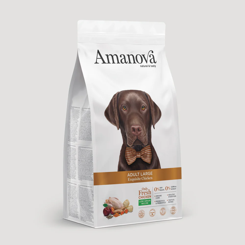 Saco branco de ração para cães Amanova Exquisite Chicken adulto grande