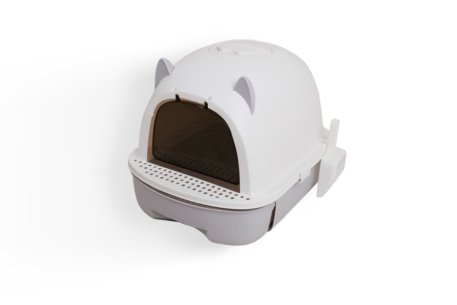 Caixa sanitária de plástico branco e cinza para gatos com porta escura e tampa com orelhas.