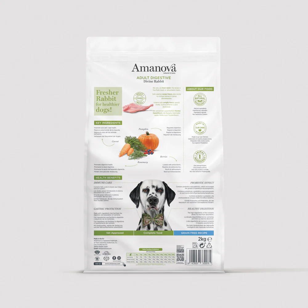 Embalagem de alimento para cães Amanova Adult Digestive Divine Rabbit com ingredientes naturais e foto de cão.