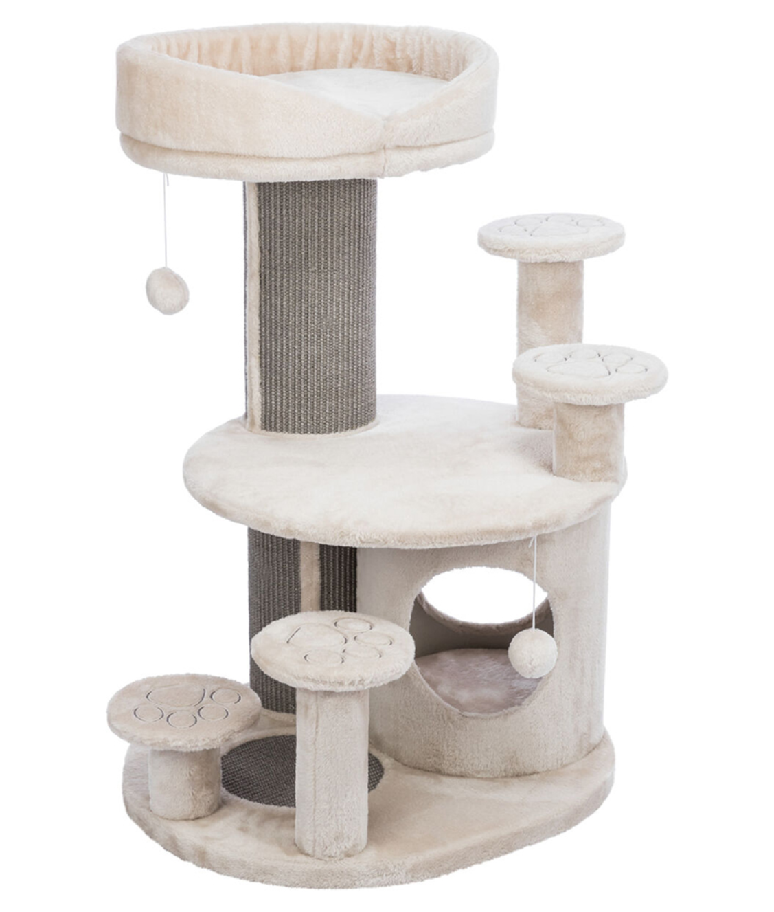 Arranhador bege claro para gatos com vários níveis e bolas penduradas
