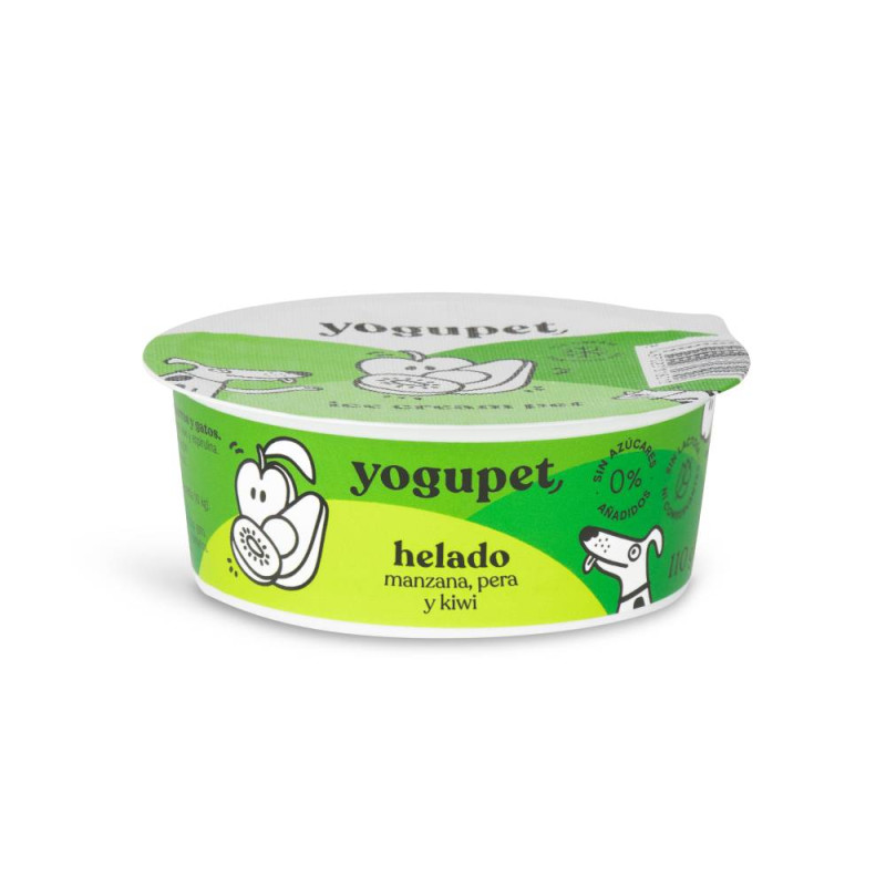 Pote de iogurte congelado sabor maçã, pêra e kiwi da marca Yogupet, embalagem verde e amarela