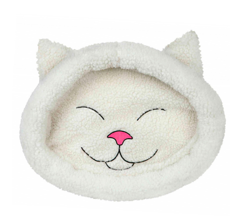 Cama para animais em tecido felpudo branco com rosto de gato bordado